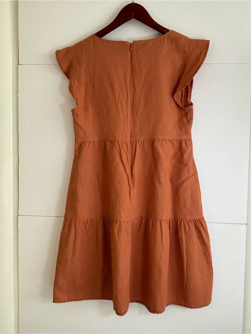 Goodthreads Rust Linen Blend Tiered Flutter Sleeve Mini Dress Pockets XS - Picture 4 of 9